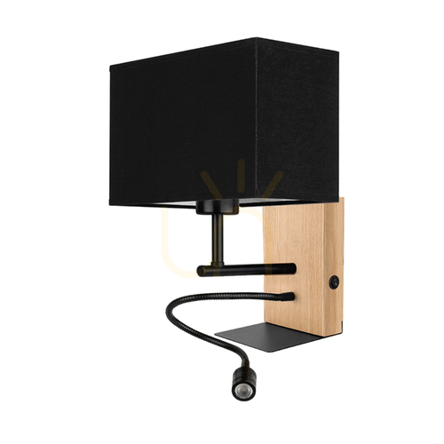 Kontrola Nástěnné svítidlo Lector, olejovaný dub/černá, černý stínidlo, 1xE27 + 1xLED 2,8 W, 22 cm