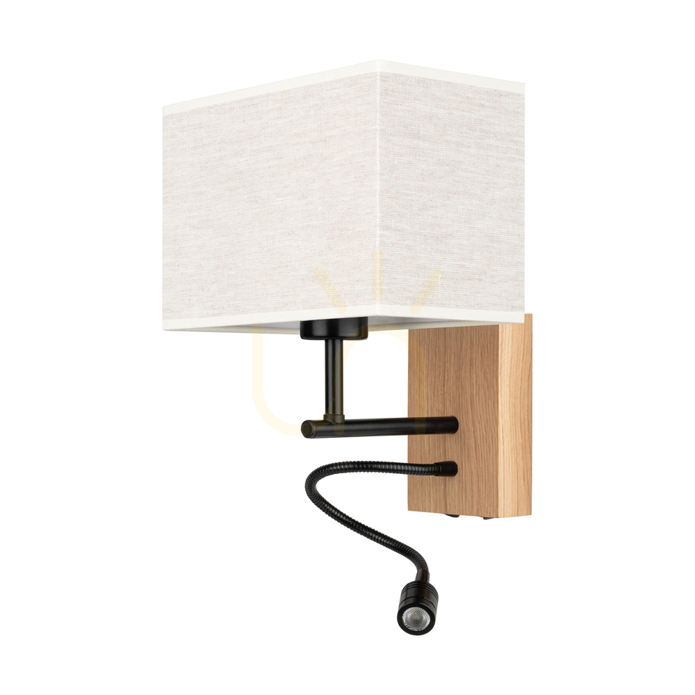 Lector Wall Sconce, Oiled Oak/Black, Beige Shade, 1xE27 + 1xLED 2.8 W, 22 cm