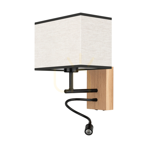 Kontrola Nástěnné svítidlo Lector, olejovaný dub/černá, béžovo-černý stínidlo, 1xE27 + 1xLED 2,8 W, 22 cm