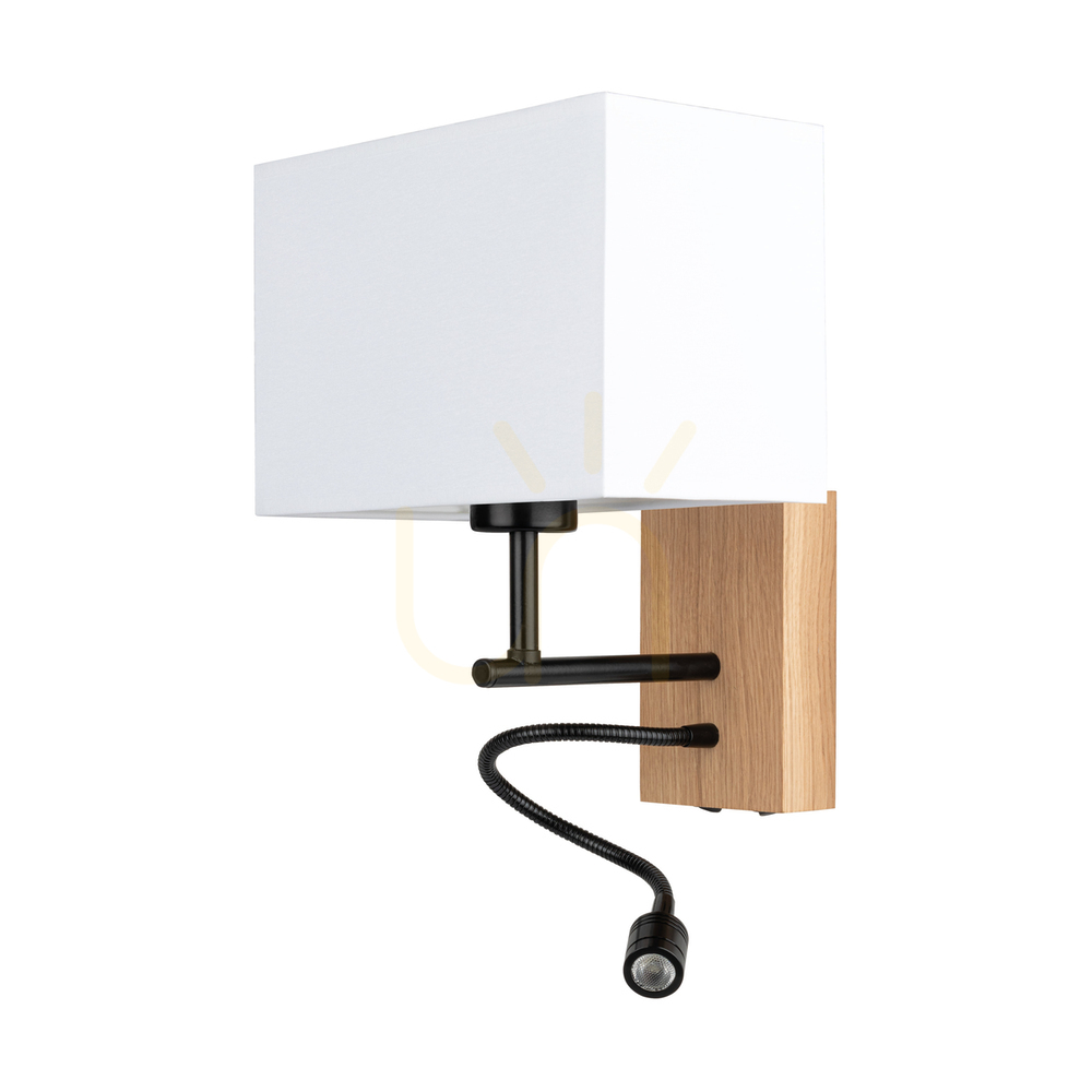 Lector Wall Sconce, Oiled Oak/Black, White Shade, 1xE27 + 1xLED 2.8 W, 22 cm