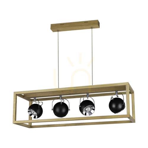Kontrola Závěsné svítidlo Roy, včetně 4 LED žárovek GU10 o výkonu 5 W, olejovaný dub/čiré sklo/černá, 90 cm