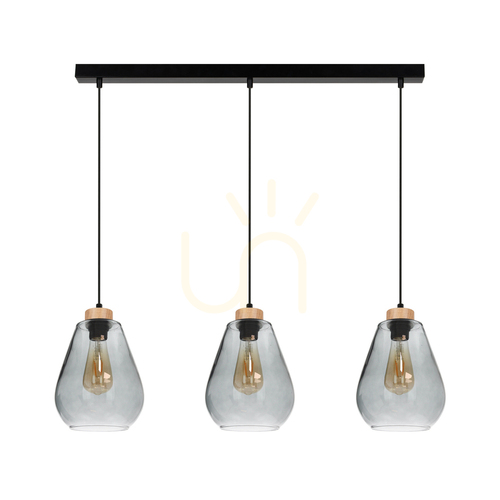 Kontrola Závěsné svítidlo Kigali, 3xE27, max.. 60 W, černá/černá/olejovaný dub/kouřové sklo, 19 cm