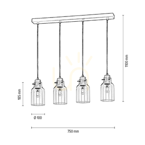 Závěsné svítidlo Alessandro, 4xE27, Max. 60 W, olejovaný dub / černý kov / průhledný PVC kabel / průhledný skleněný stínidlo, 75 cm small 2