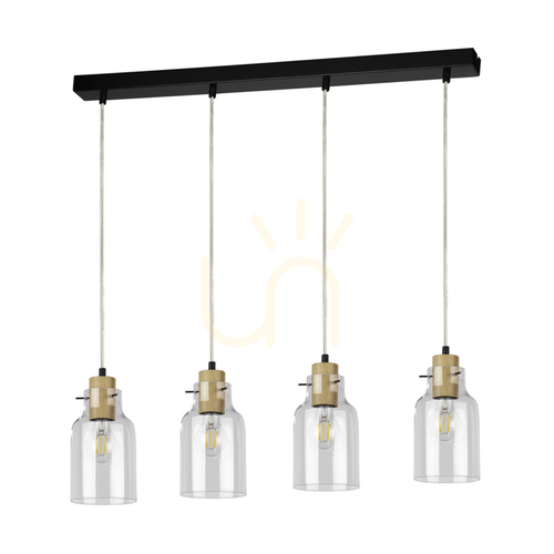 Kontrola Závěsné svítidlo Alessandro, 4xE27, Max. 60 W, olejovaný dub / černý kov / průhledný PVC kabel / průhledný skleněný stínidlo, 75 cm