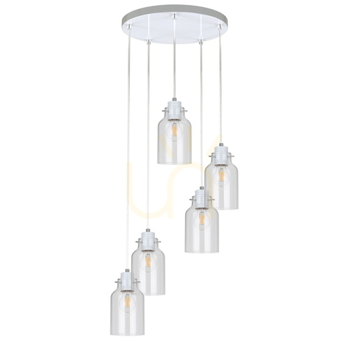 Kontrola Závěsné svítidlo Alessandro, 5xE27, Max. 60 W, bílý kov / průhledný PVC kabel / průhledný skleněný stínidlo, Ø 35 cm