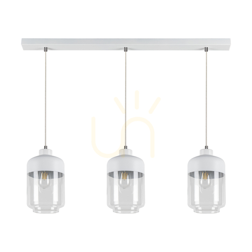 Kontrola Závěsné svítidlo Amaretto, 3xE27, Max. 60 W, bílý kov / průhledný PVC kabel / bílo-průhledný skleněný stínidlo, 100 cm