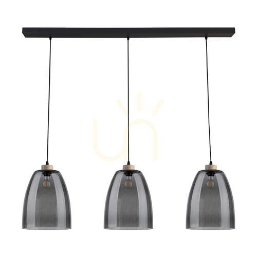 Kontrola Závěsné svítidlo Asmara, 3xE27, Max. 60 W, olejovaný dub / černý kov / černý PVC kabel / stínidlo z kouřového skla, 125 cm