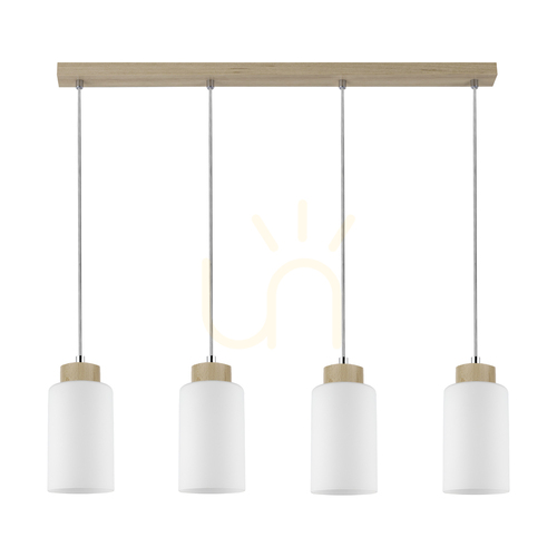 Kontrola Závěsné svítidlo Bosco, 4xE27, Max. 60 W, bříza / průhledný PVC kabel / bílý skleněný stínidlo, 75 cm