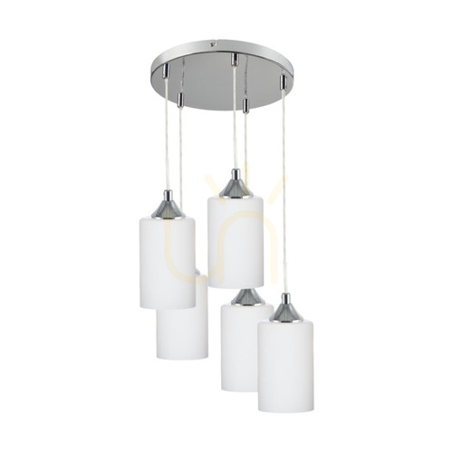 Kontrola Závěsné svítidlo Bosco Mix, 5xE27, Max. 60 W, chromovaný kov / průhledný PVC kabel / bílé skleněné stínidlo, Ø 40 cm