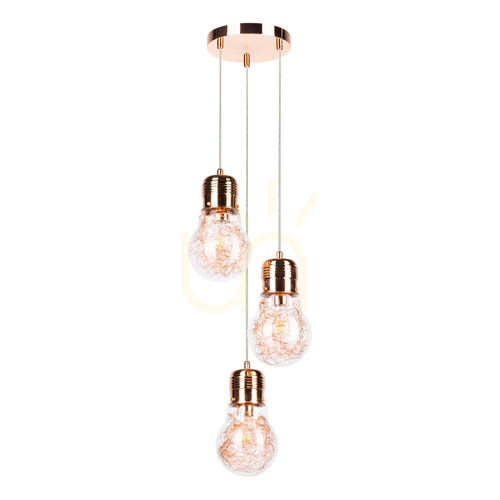 Kontrola Závěsné svítidlo s žárovkou, 3×E27 max.. 60 W, měděný kov / kabel z průhledného PVC / průhledný skleněný stínidlo, Ø 20 cm