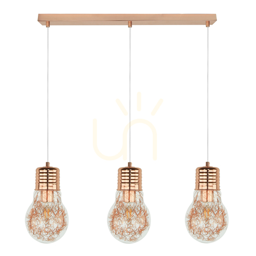 Kontrola Závěsné svítidlo s žárovkou, 3×E27 max.. 60 W, měděný kov / průhledný PVC kabel / průhledný skleněný stínidlo, 60 cm