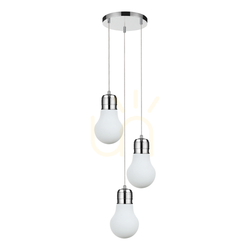 Kontrola Závěsné svítidlo s žárovkami, 3xE27, Max. 60 W, chromovaný kov / průhledný PVC kabel / bílé skleněné stínidlo, Ø 33 cm