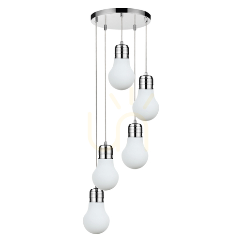 Kontrola Závěsné svítidlo s žárovkami, 5xE27, Max. 60 W, chromovaný kov / průhledný PVC kabel / bílé skleněné stínidlo, Ø 45 cm