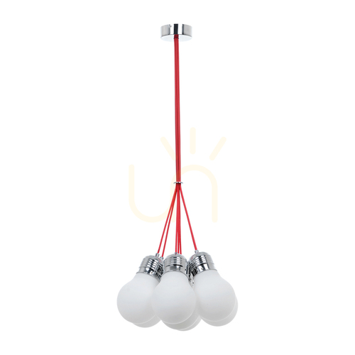 Kontrola Závěsné svítidlo s žárovkami, 7xE27, Max. 60 W, chromovaný kov / červený opletený kabel / bílý skleněný stínidlo, Ø 45 cm
