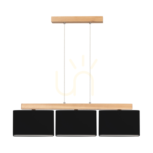 Kontrola Závěsné svítidlo Cadre, 3xE27, Max. 25 W, olejovaný dub / průhledný PVC kabel / černý stínidlo, 95 cm