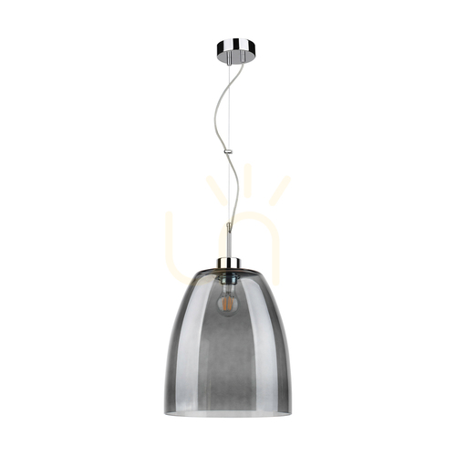 Kontrola Závěsné svítidlo Campana, 1xE27, Max. 60 W, chromovaný kov / průhledný PVC kabel / stínidlo z kouřového skla, Ø 30 cm