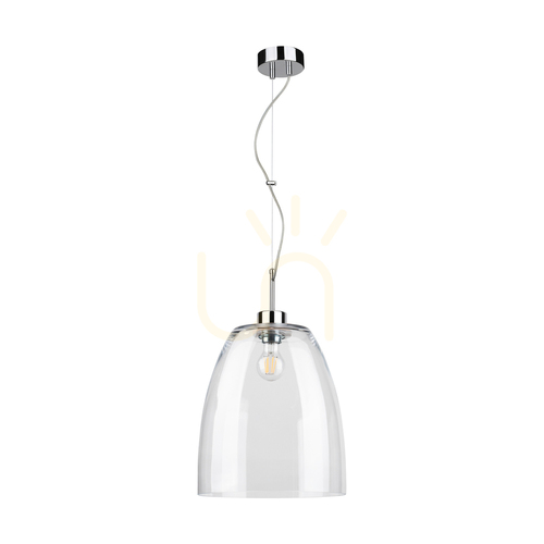 Kontrola Závěsné svítidlo Campana, 1xE27, Max. 60 W, chromovaný kov / kabel z průhledného PVC / stínidlo z průhledného skla, Ø 30 cm