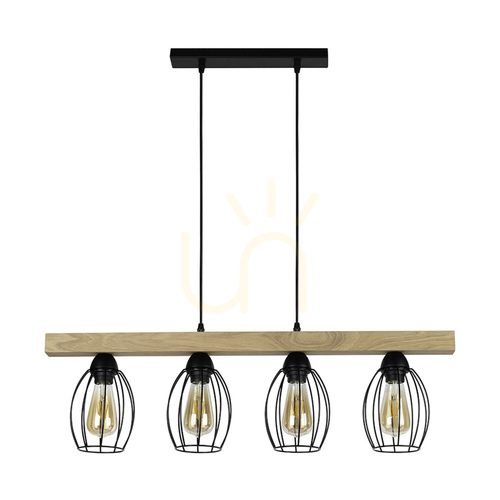 Kontrola Závěsné svítidlo Carlo 4xE27 Max. 60 W, olejovaný dub / černý kov / černý PVC kabel / černý kovový stínidlo, 86 cm