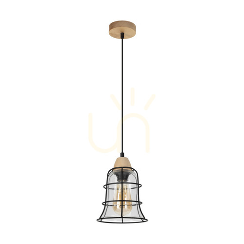 Kontrola Závěsné svítidlo Chicka, 1xE27, Max. 60 W, bříza/černý kov/černý PVC kabel/stínidlo z čirého skla, Ø 16,5 cm