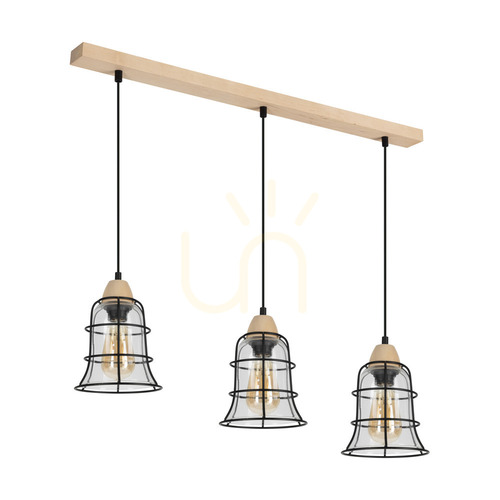 Kontrola Závěsné svítidlo Chicka, 3xE27, Max. 60 W, bříza/černý kov/černý PVC kabel/stínidlo z čirého skla, 75 cm