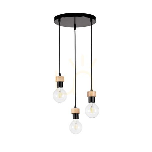 Kontrola Závěsné svítidlo Clarte, 3xE27, Max. 60 W, olejovaný dub / černý kov / černý opletený kabel, Ø 30 cm