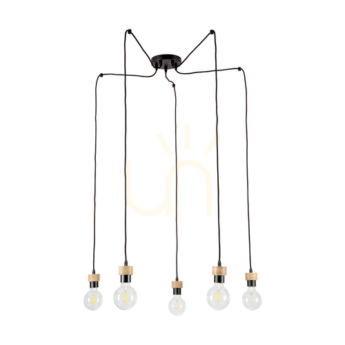 Kontrola Závěsné svítidlo Clarte, 5xE27, Max. 60 W, olejovaný dub / černý kov / černý opletený kabel, Ø 15 cm