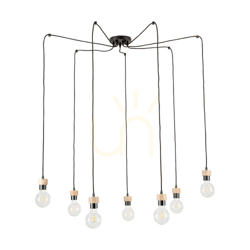Kontrola Závěsné svítidlo Clarte, 7xE27, Max. 60 W, olejovaný dub / černý kov / černý opletený kabel, Ø 15 cm