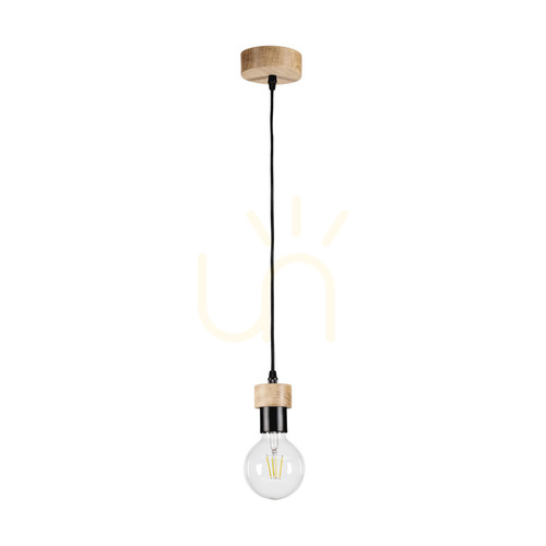 Kontrola Závěsné svítidlo Clarte Wood, 1xE27, Max. 60 W, olejovaný dub / černý kov / černý opletený kabel, Ø 10 cm