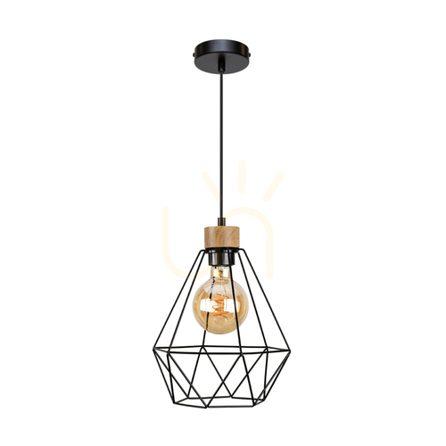 Kontrola Závěsné svítidlo Diament, 1xE27, Max. 60 W, olejovaný dub / černý kov / černý PVC kabel / černý kovový stínidlo, Ø 25 cm