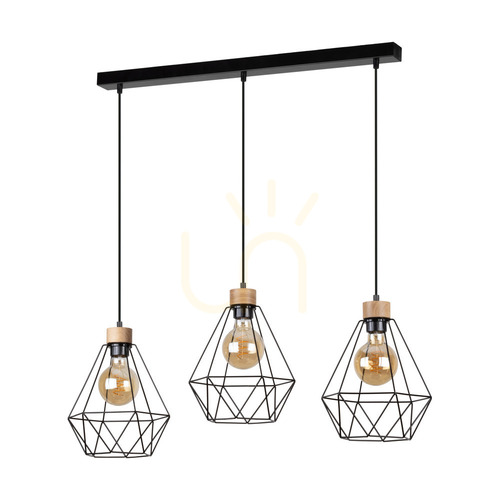 Kontrola Závěsné svítidlo Diament, 3xE27, Max. 60 W, olejovaný dub / černý kov / černý PVC kabel / černý kovový stínidlo, 80 cm