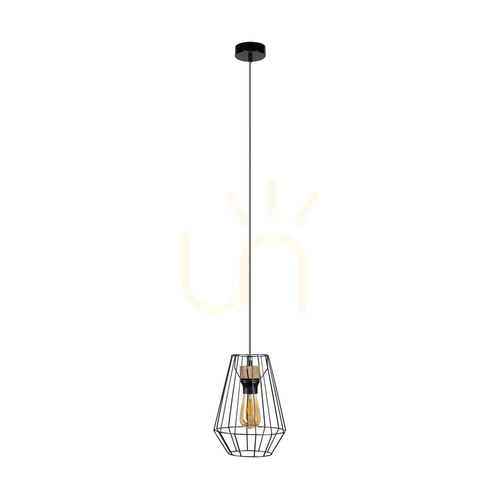 Kontrola Závěsné svítidlo Endorfina 1xE27 Max. 60 W, olejovaný dub / černý kov / černý PVC kabel, Ø 21 cm