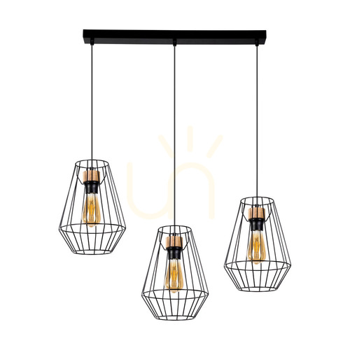 Kontrola Závěsné svítidlo Endorfina, 3xE27, Max. 60 W, olejovaný dub / černý kov / černý PVC kabel, 77 cm