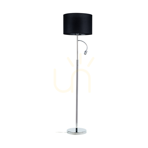 Kontrola Stojací lampa Eros, 1xE27 (max.. 60 W), 1× LED 3000 K 3 W, chromovaný kov / průhledný PVC kabel / černý stínidlo Ø 40 cm