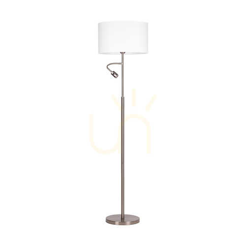 Kontrola Stojací lampa Eros, 1xE27 (max.. (60 W), 1× LED 3000 K 3 W, saténový kov / průhledný PVC kabel / bílý stínidlo Ø 40 cm