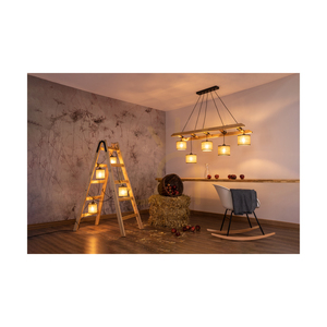 Stojací lampa Eskalo, 4xE27, Max. 15W LED, borovice mořená do hněda / černý PVC kabel / béžový lněný stínidlo s černým lemem, 82 cm small 3