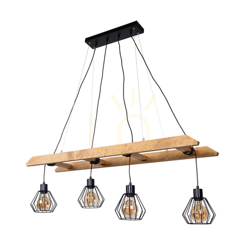 Kontrola Závěsné svítidlo Eskalo 4xE27, Max. 60 W, borovice mořená do hněda / černý kov / černý PVC kabel / černý kovový stínidlo, 123,5 cm