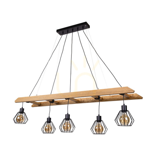 Kontrola Závěsné svítidlo Eskalo, 5xE27, Max. 60 W, borovice mořená do hněda / černý kov / černý PVC kabel / černý kovový stínidlo, 154 cm