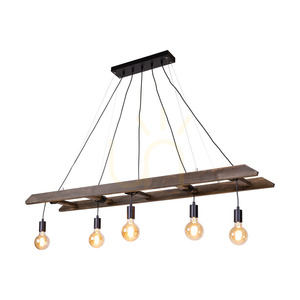 Závěsné svítidlo Eskalo, 5xE27, Max. 60 W, borovice mořená do odstínu ořechu / černý kov / černý PVC kabel, 154 cm small 1