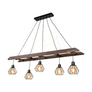 Závěsné svítidlo Eskalo, 5xE27, Max. 60 W, borovice mořená do odstínu ořechu / černý kov / černý PVC kabel / černý kovový stínidlo, 154 cm small 1