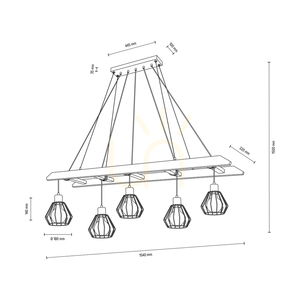 Závěsné svítidlo Eskalo, 5xE27, Max. 60 W, borovice mořená do odstínu ořechu / černý kov / černý PVC kabel / černý kovový stínidlo, 154 cm small 3