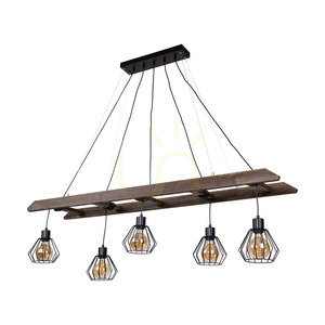 Závěsné svítidlo Eskalo, 5xE27, Max. 60 W, borovice mořená do odstínu ořechu / černý kov / černý PVC kabel / černý kovový stínidlo, 154 cm small 0