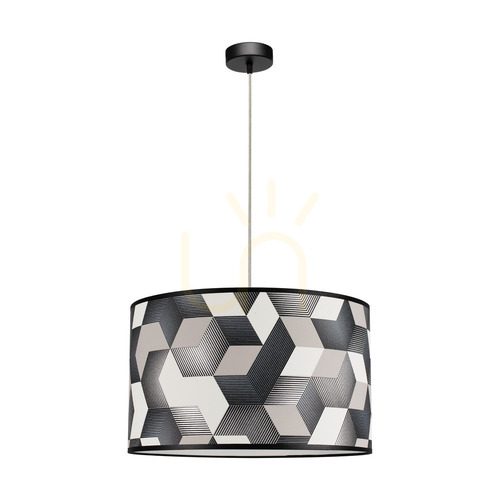 Kontrola Závěsné svítidlo Espacio, 1xE27, Max. 60 W, černý kov / průhledný PVC kabel / vícebarevný stínidlo z tapety, Ø 50 cm