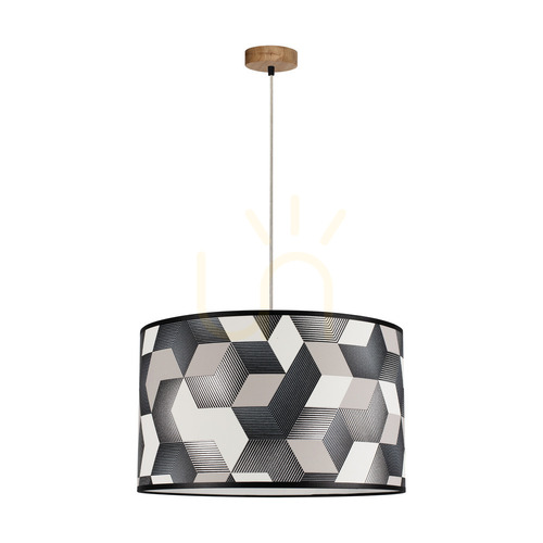 Kontrola Závěsné svítidlo Espacio, 1xE27, Max. 60 W, olejovaný dub / průhledný PVC kabel / vícebarevný stínidlo z tapety, Ø 50 cm