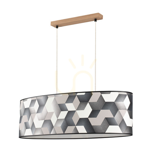 Kontrola Závěsné svítidlo Espacio, 2xE27, Max. 40 W, olejovaný dub / průhledný PVC kabel / vícebarevný stínidlo z tapety, 80 cm