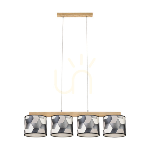 Kontrola Závěsné svítidlo Espacio, 4xE27, Max. 25 W, olejovaný dub / průhledný PVC kabel / vícebarevný stínidlo z tapety, 86 cm