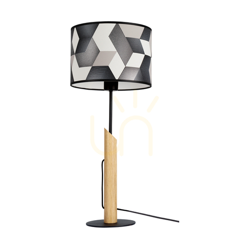 Kontrola Stolní lampa Espacio, 1xE27, Max. 60 W, olejovaný dub / černý kov / černý PVC kabel / stínidlo z vícebarevné tapety, Ø 27 cm