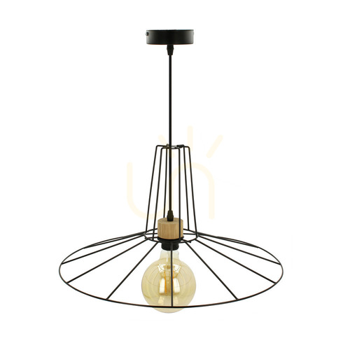 Kontrola Závěsné svítidlo Ferro, 1xE27, Max. 60 W, olejovaný dub / černý kov / černý PVC kabel / černý kovový stínidlo, Ø 55 cm