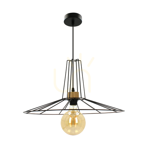 Kontrola Závěsné svítidlo Ferro, 1xE27, Max. 60 W, olejovaný dub / černý kov / černý PVC kabel / černý kovový stínidlo, Ø 50 cm