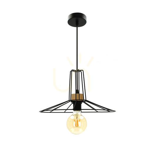 Kontrola Závěsné svítidlo Ferro, 1xE27, Max. 60 W, olejovaný dub / černý kov / černý PVC kabel / černý kovový stínidlo, Ø 35 cm