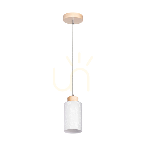 Kontrola Závěsné svítidlo Flores, 1xE27, Max. 60 W, bříza / průhledný PVC kabel / bílé skleněné stínidlo s květinovým vzorem, Ø 10 cm